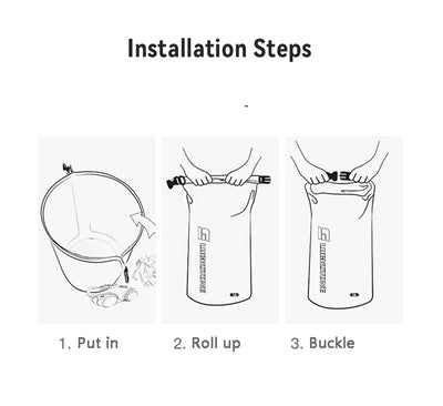 Illustration of installation steps for waterproof dry bag: 1. Put in items, 2. Roll up top, 3. Buckle securely.