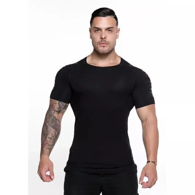 2024 Men Running Sports T-shirt in black, short sleeves, quick dry fabric for fitness and bodybuilding.