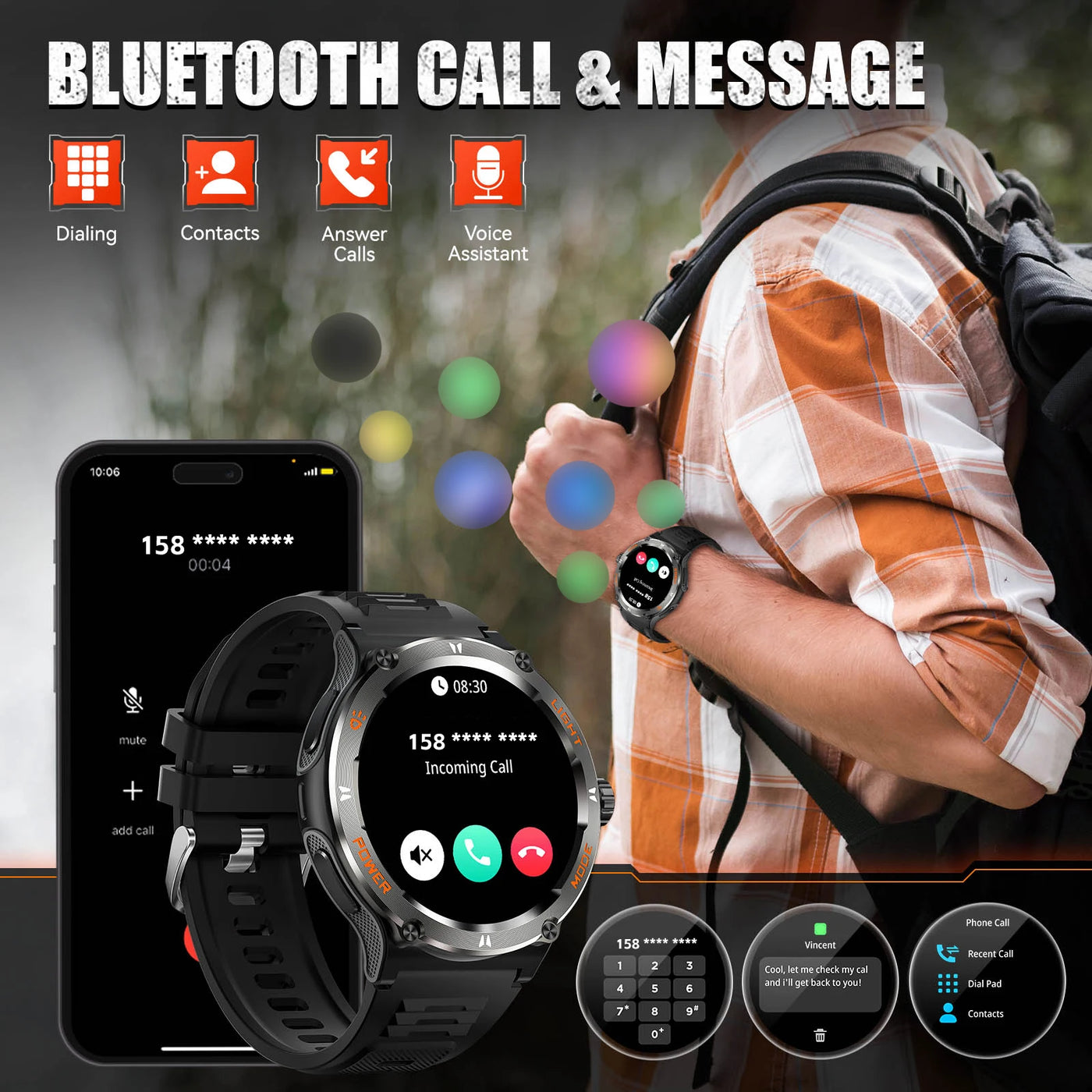 LaNikar Smart Watch displaying Bluetooth call features and message notifications with smartphone connectivity.