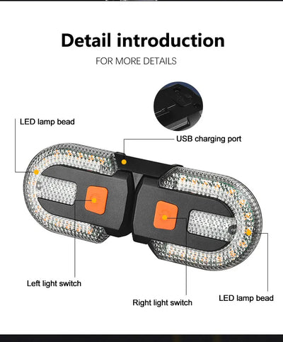 Close-up of a wireless bike turn signal light showing USB charging port and light switches.