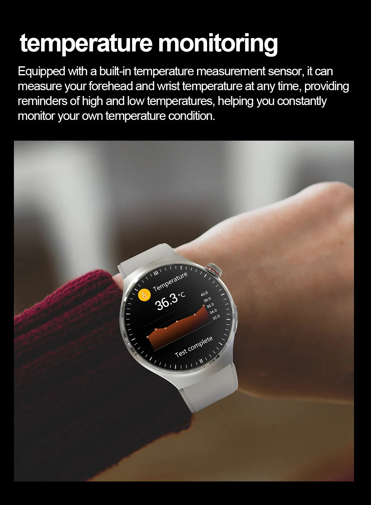 Health smartwatch displaying temperature monitoring feature on wrist with built-in sensor.