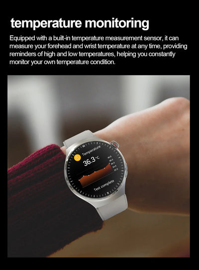 Health smartwatch displaying temperature monitoring feature on wrist with built-in sensor.