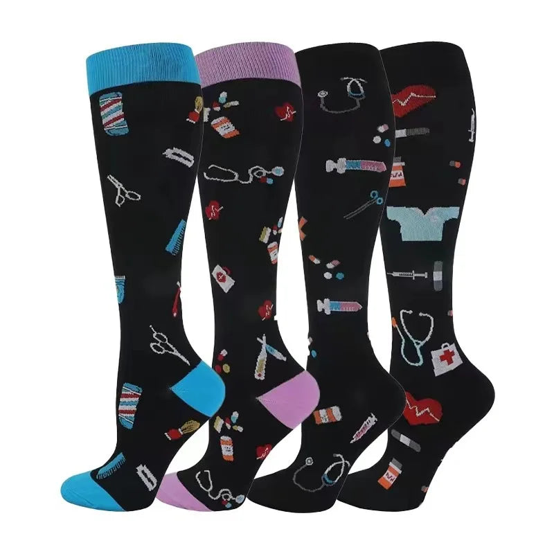 4 pairs of medical-themed compression socks for varicose veins and sports, featuring healthcare prints on a black background.