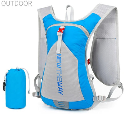Ultralight waterproof hydration backpack in blue and gray, ideal for outdoor running and cycling, with removable hydration pack.