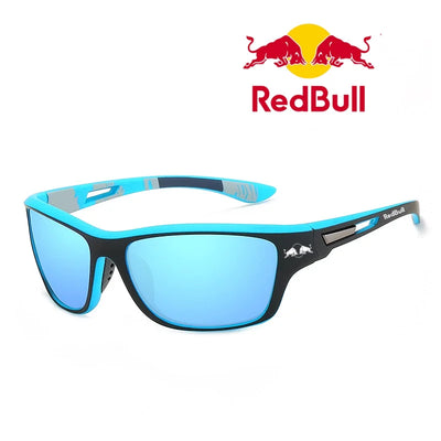 Red Bull polarized sunglasses in blue and black, ideal for outdoor activities like fishing, driving, and hiking.