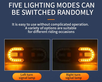 Wireless bike turn signal light showing left and right signal lamps with five lighting modes for easy use.