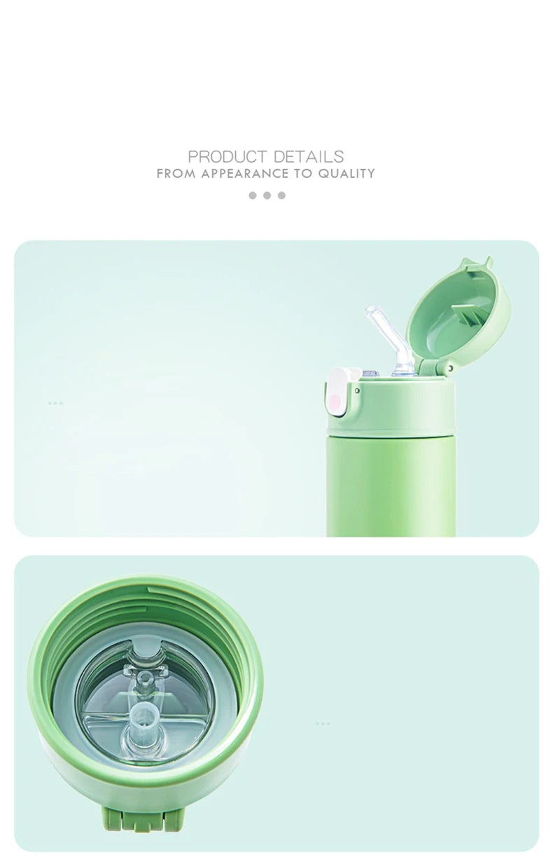 GIANXI stainless steel insulated water bottle with straw, showcasing cap and detailed interior design.