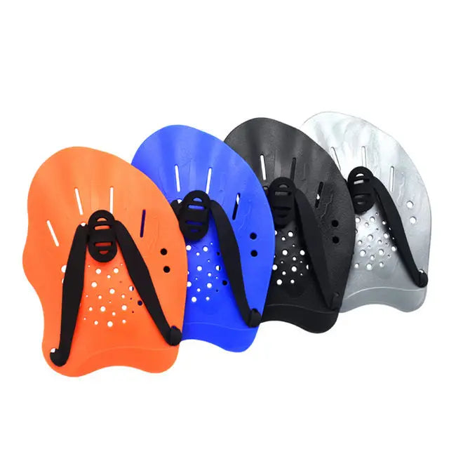 Adjustable swimming paddles in orange, blue, black, and silver for training, suitable for men, women, and kids.