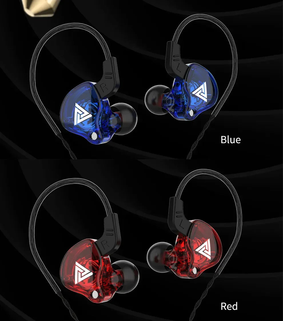 Blue and red wired earphones showcased side by side, featuring a sleek design and comfortable fit for gaming.