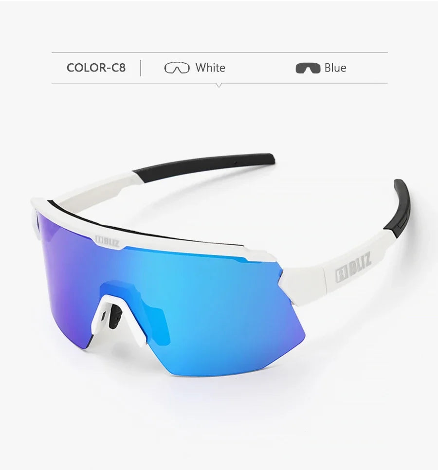 BLIZ Breeze polarized cycling glasses in white and blue, offering UV protection for MTB and road biking.