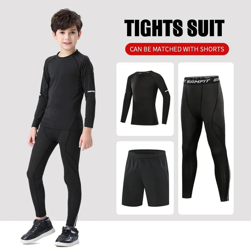 Kids thermal sports set featuring black compression tights and matching top, perfect for winter running.