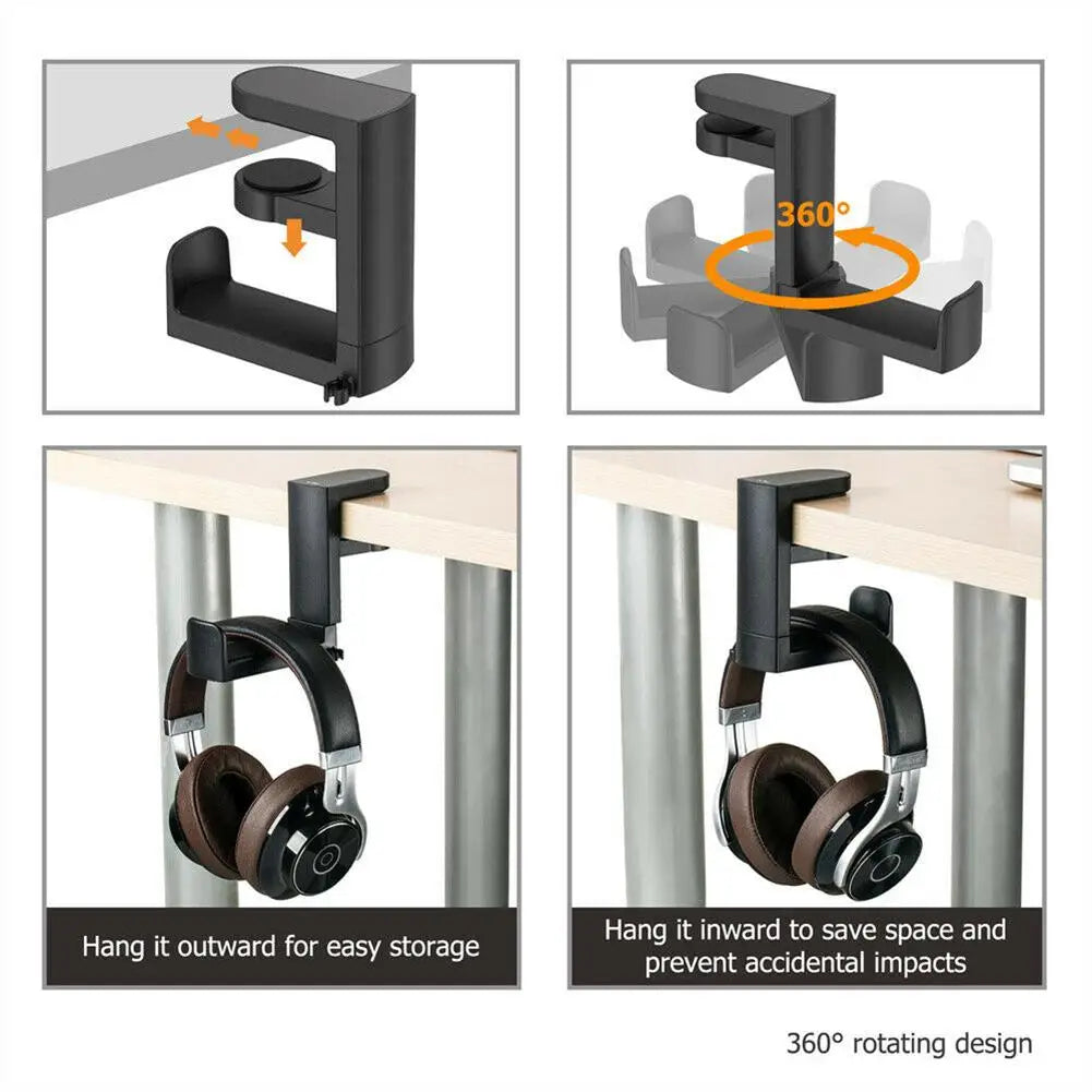 PC gaming headphone stand with adjustable 360° rotating arm clamp for easy storage and space savings.