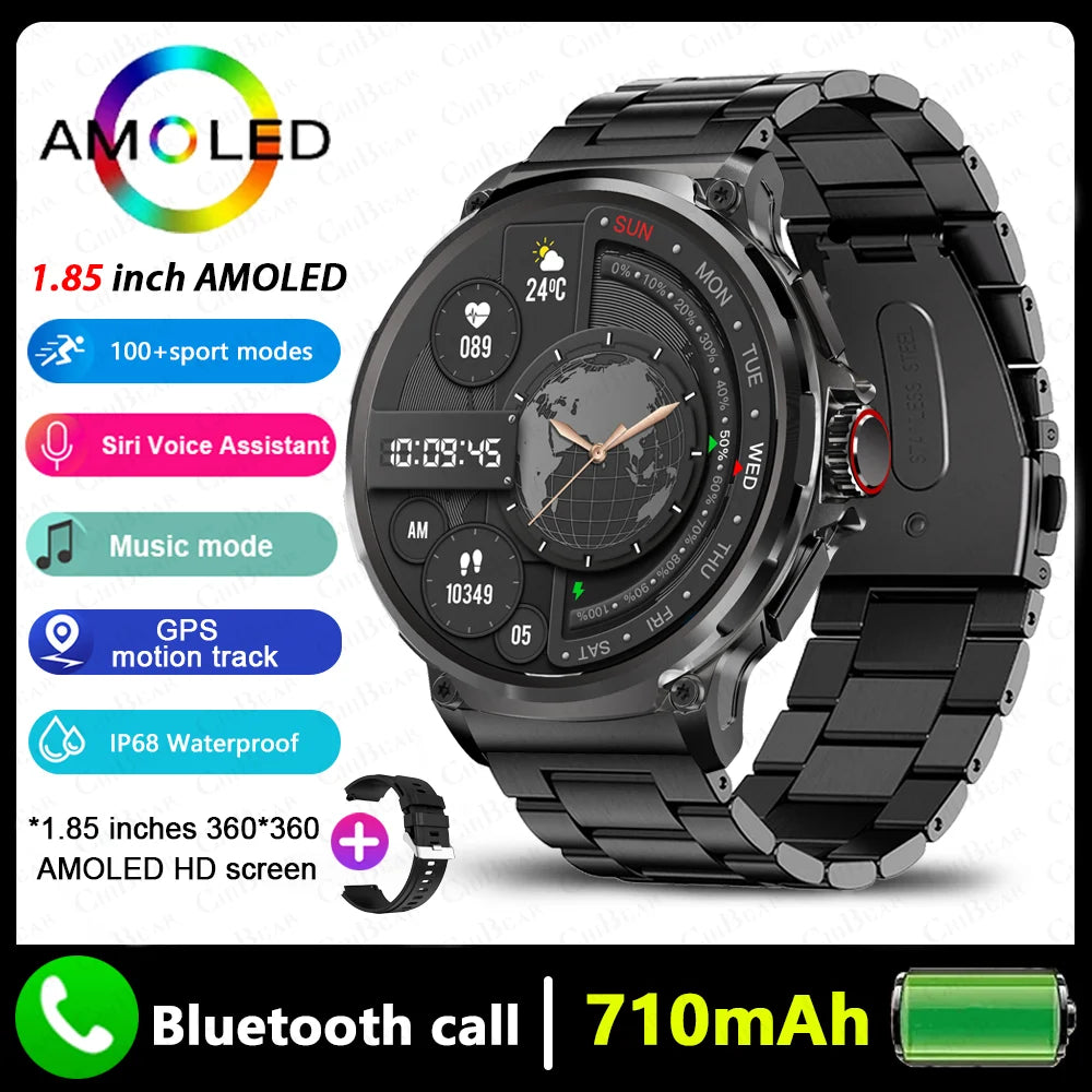 GPS Smart Watch for Men with 1.85" AMOLED screen, Bluetooth call, activity tracking, and IP68 waterproof design.