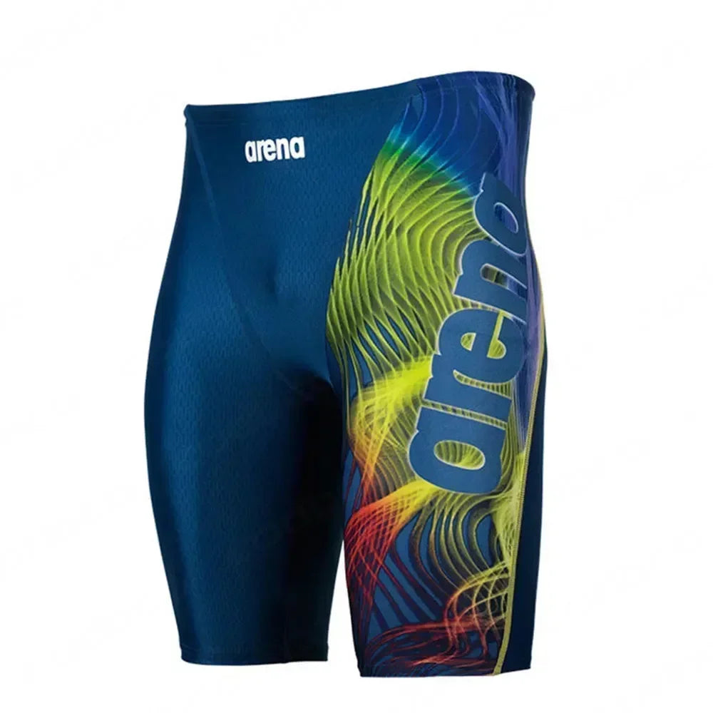 Arena men's swim jammer featuring colorful wave design, ideal for competitive swimming and summer beach activities.