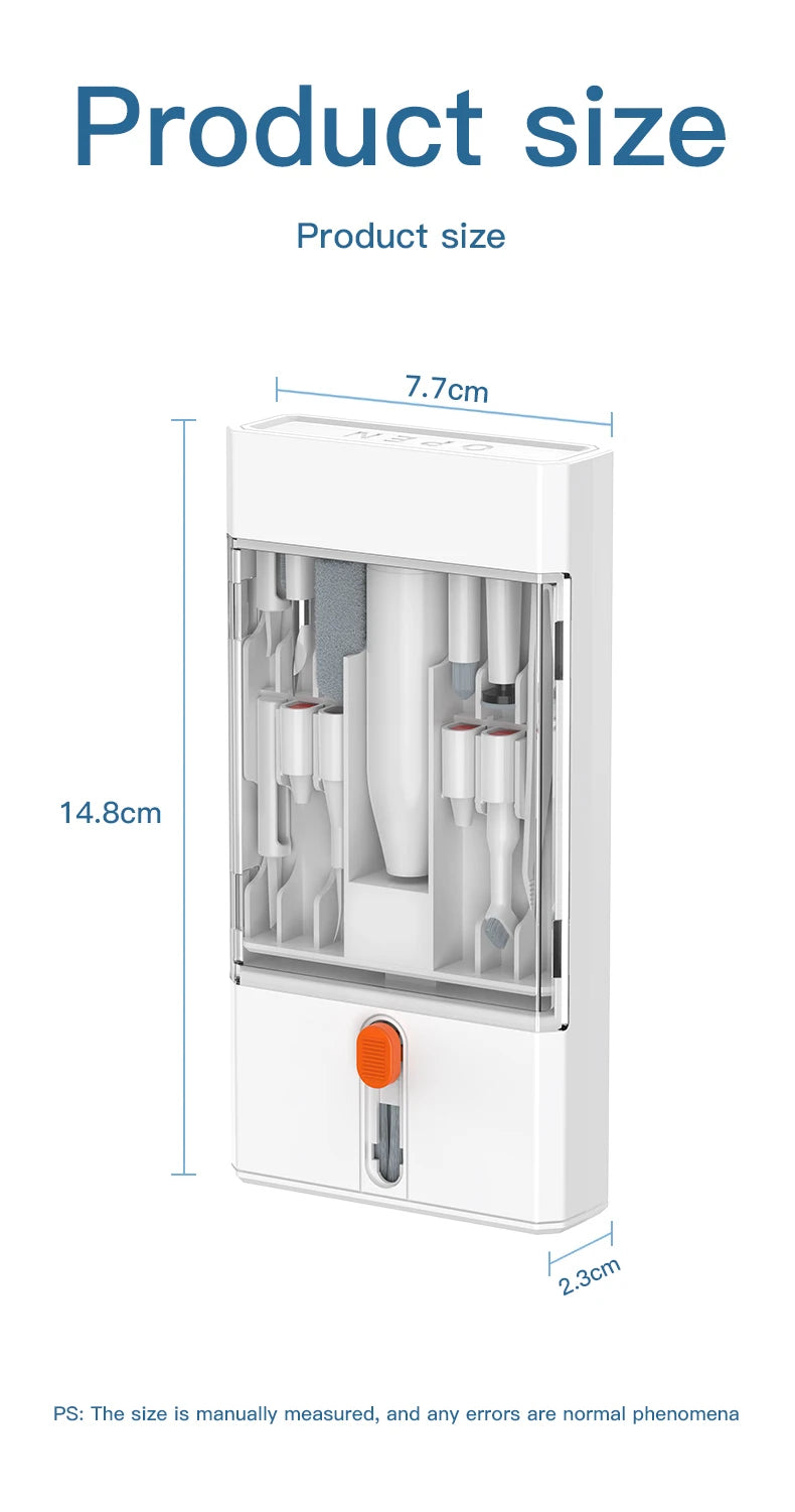 Product size dimensions for multi-function cleaning kit measuring 14.8 cm height, 7.7 cm width, and 2.3 cm depth.
