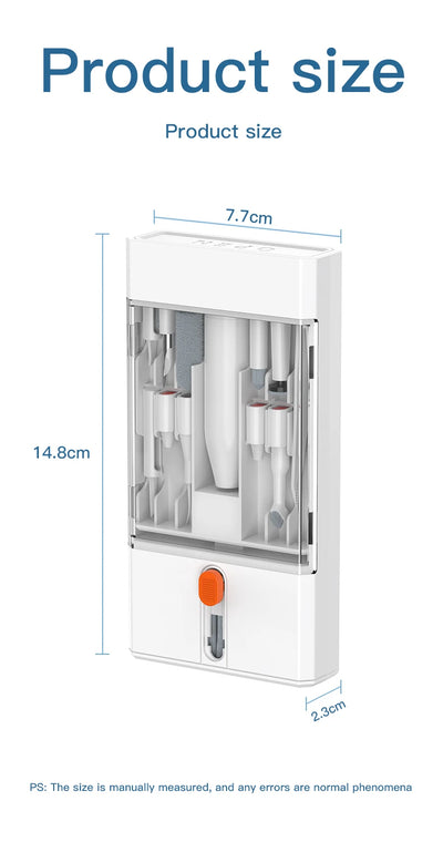 Product size dimensions for multi-function cleaning kit measuring 14.8 cm height, 7.7 cm width, and 2.3 cm depth.