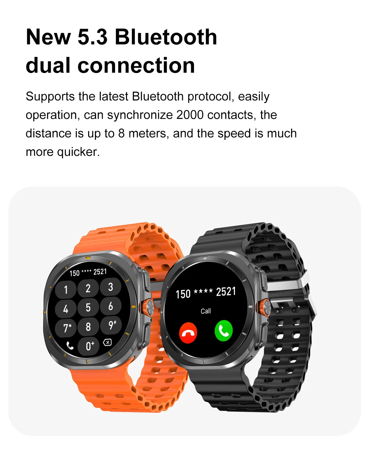 2025 smartwatch with 5.3 Bluetooth dual connection in black and orange, showcasing call features and keypad.