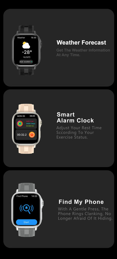 2025 smart watch features including weather forecast, alarm clock, and phone finder functions.