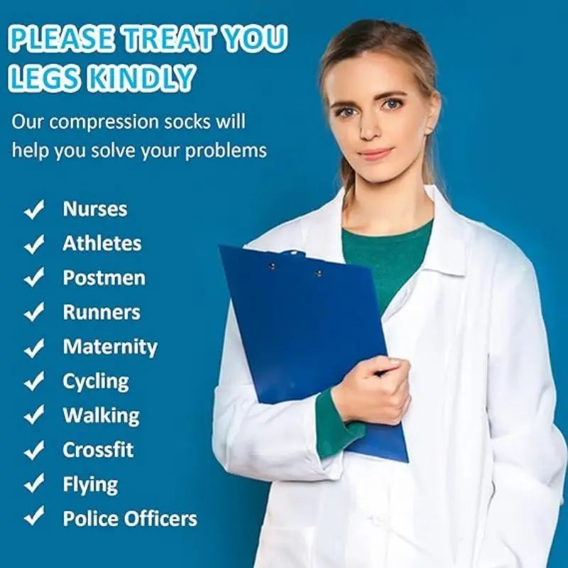 Woman in white coat promoting compression socks for nurses, athletes, and more to enhance leg health.