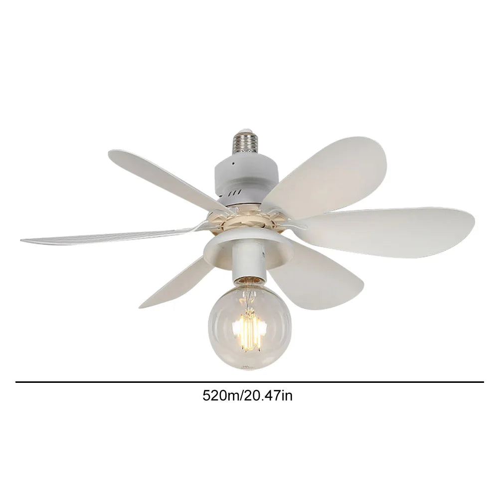 White ceiling fan with five blades and a clear light bulb, showcasing modern home lighting design.
