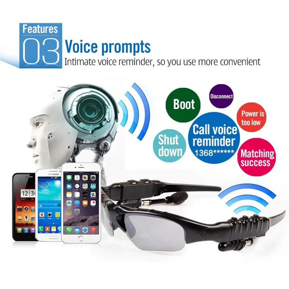 Wireless sunglasses headset with Bluetooth earphones showcasing voice prompts and smartphone compatibility.