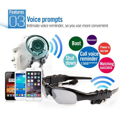 Wireless sunglasses headset with Bluetooth earphones showcasing voice prompts and smartphone compatibility.