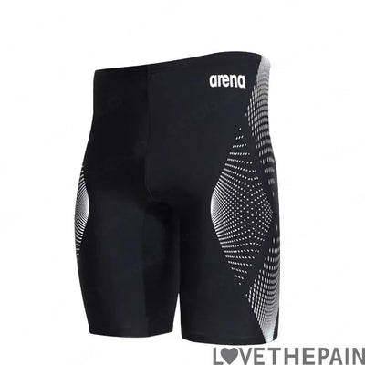 Men's arena swim jammers in black with white geometric print, designed for professional swimming and quick drying.