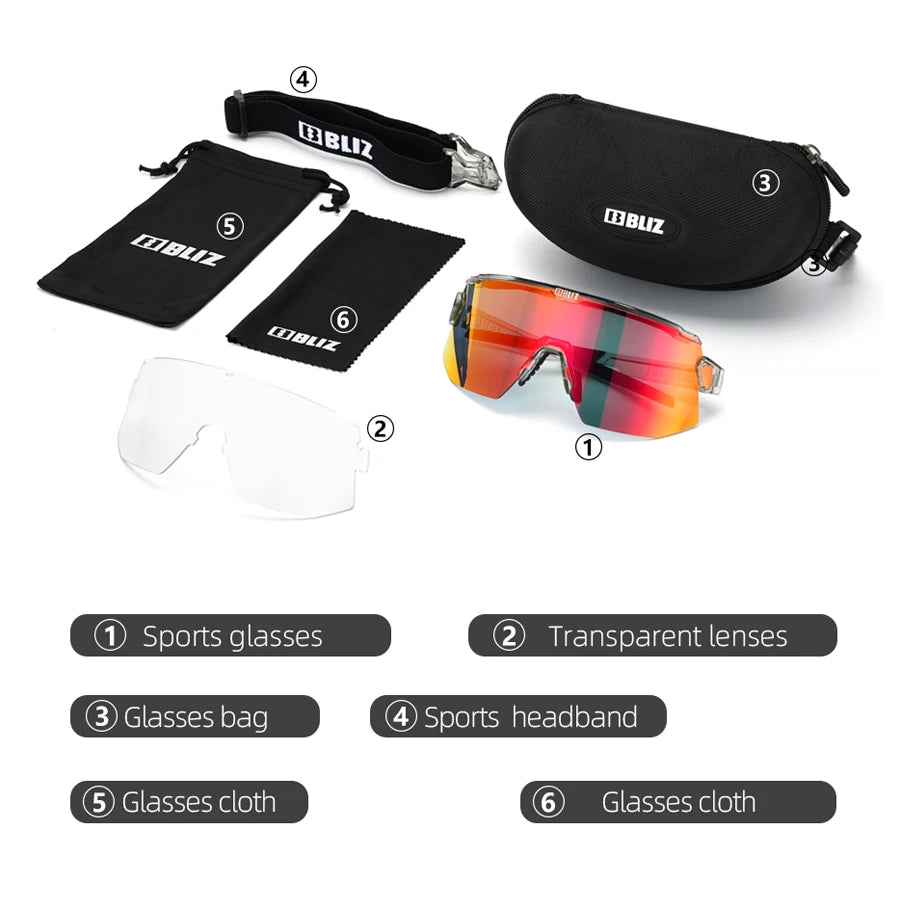 BLIZ Breeze cycling eyewear set including sports glasses, transparent lenses, glasses bag, headband, and cloths.