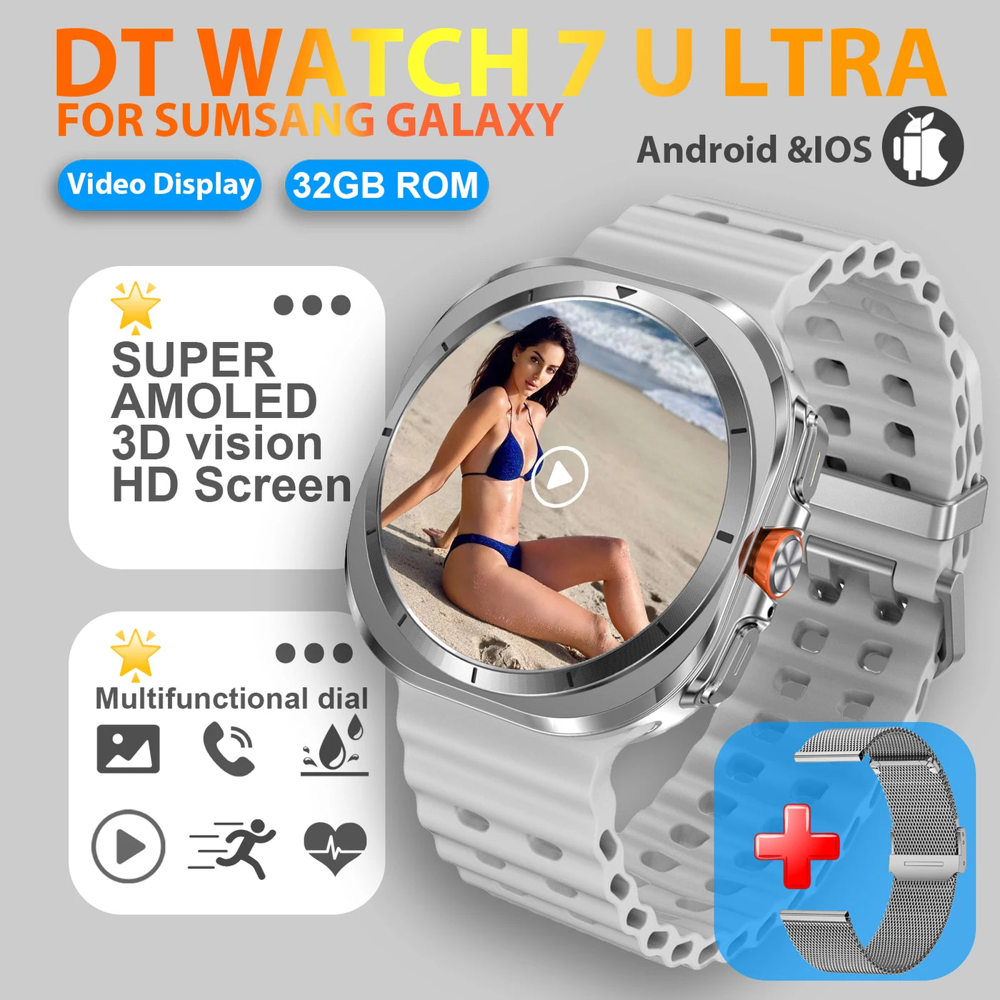 DT Watch 7 Ultra Smartwatch with 3D HD Screen, Video Display, suitable for Samsung Galaxy, Android & iOS.