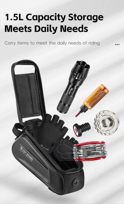 West Biking 7" bike phone bag showing 1.5L storage with accessories for daily riding needs.