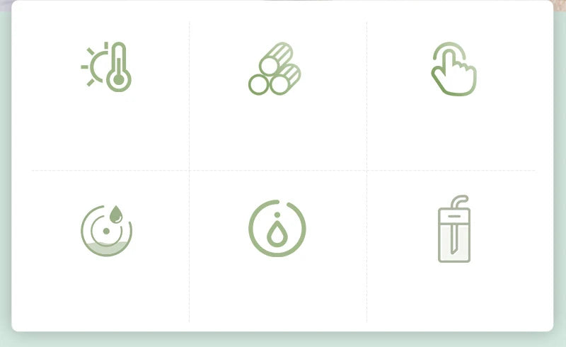 Icons representing temperature, bacteria, touch, hydration, water, and a water bottle design.