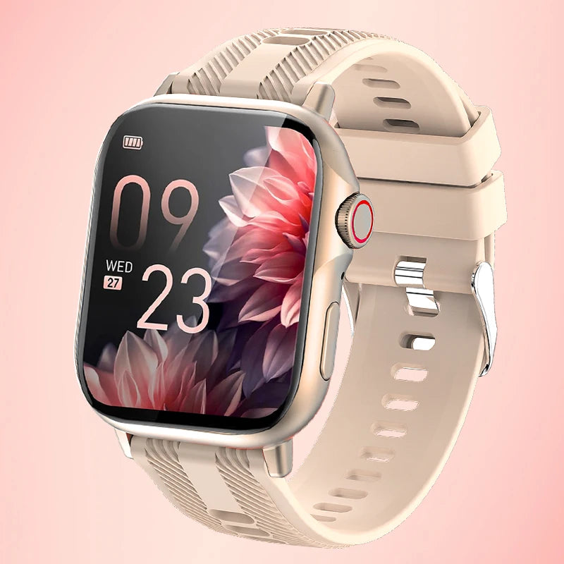 2025 smart watch for men and women with waterproof design, featuring flower display and adjustable strap.