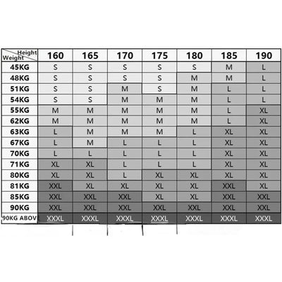 Size chart for men's compression shorts displaying height and weight measurements with corresponding sizes.