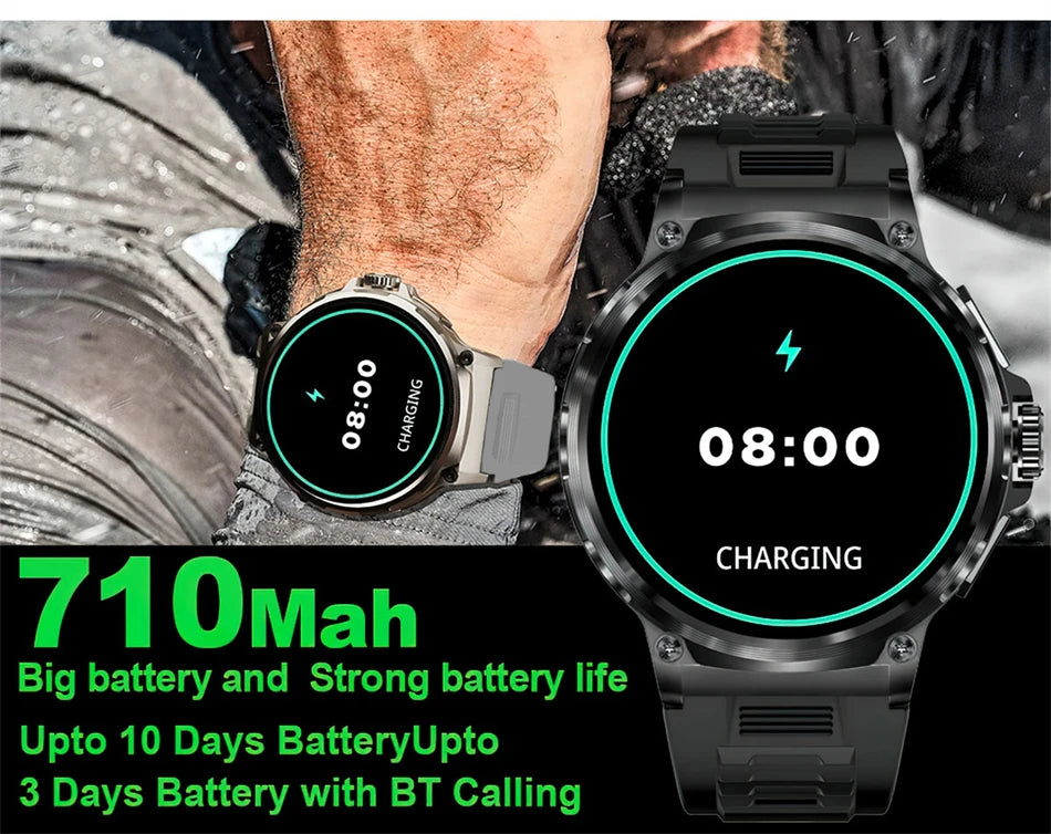 GPS Smart Watch with 710mAh battery, up to 10 days battery life, Bluetooth calling feature shown on display.
