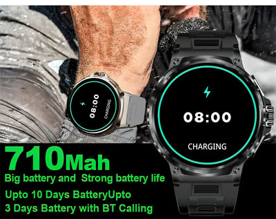 GPS Smart Watch with 710mAh battery, up to 10 days battery life, Bluetooth calling feature shown on display.