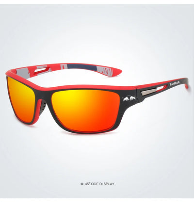 Red Bull polarized sunglasses in black and red with mirror lenses, ideal for outdoor activities like fishing and hiking.