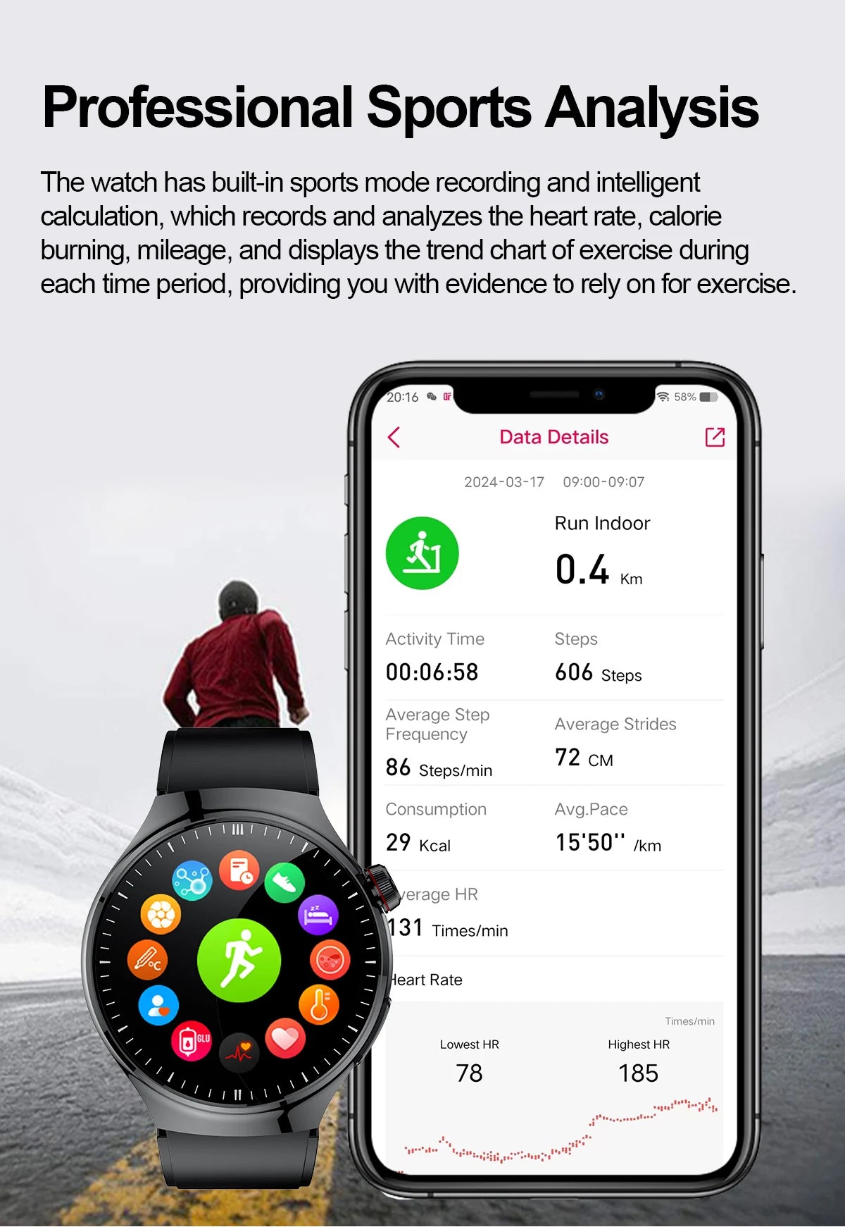 Health smartwatch with sports analysis features, displaying workout data like heart rate and calories burned.
