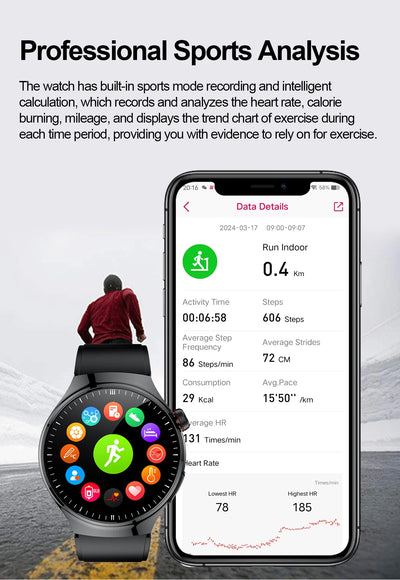 Health smartwatch with sports analysis features, displaying workout data like heart rate and calories burned.