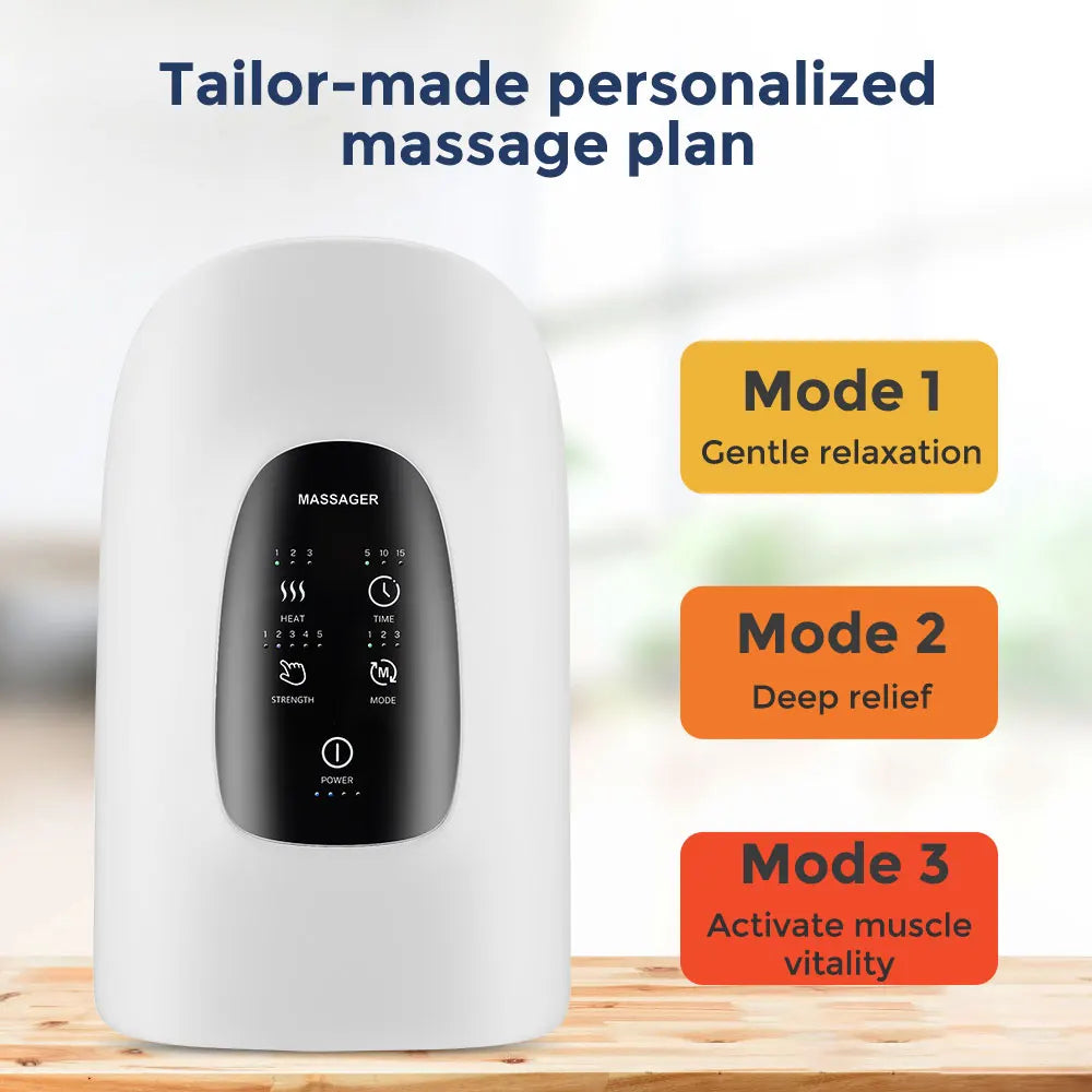 Electric hand massager with three modes: gentle relaxation, deep relief, and muscle activation for personalized massage therapy.