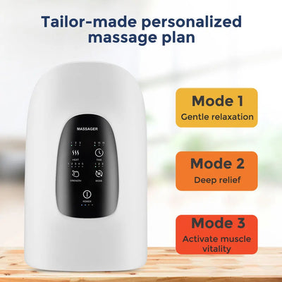 Electric hand massager with three modes: gentle relaxation, deep relief, and muscle activation for personalized massage therapy.