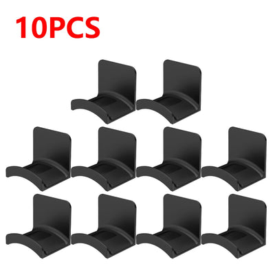 10 pieces of black adhesive headphone hangers for wall or desk, designed for easy mounting and damaged-free storage.