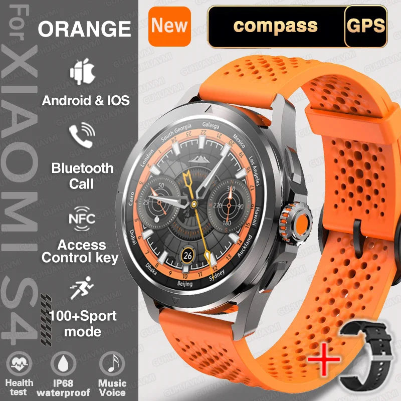 Xiaomi S4 Ultra Smartwatch in orange with AMOLED screen, GPS, Bluetooth, and IP68 waterproof features.