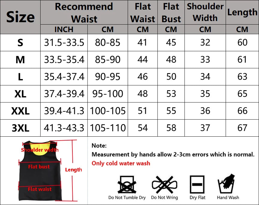 Size chart for Men's Slimming Body Shaper Vest including waist, bust, and length measurements.