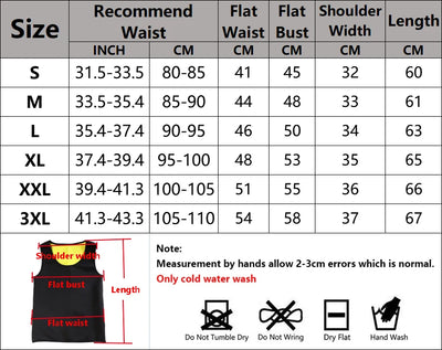 Size chart for Men's Slimming Body Shaper Vest including waist, bust, and length measurements.