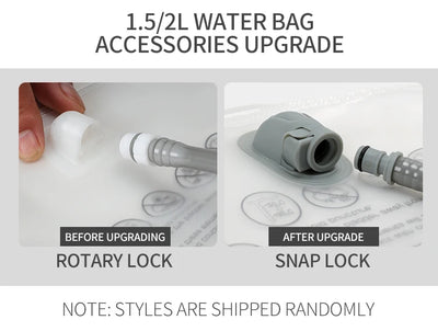 Before and after comparison of water bag upgrade featuring rotary lock and snap lock for hydration packs.