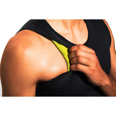 A close-up of a man wearing a men's slimming body shaper vest, showcasing its comfort and flexibility.