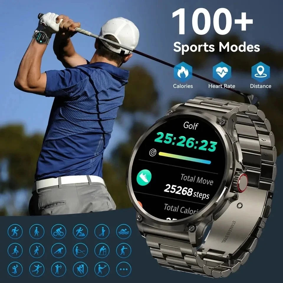 GPS Smart Watch for Men with Bluetooth, displaying sports modes and activity tracking while golfer is swinging.