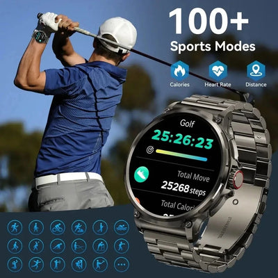 GPS Smart Watch for Men with Bluetooth, displaying sports modes and activity tracking while golfer is swinging.