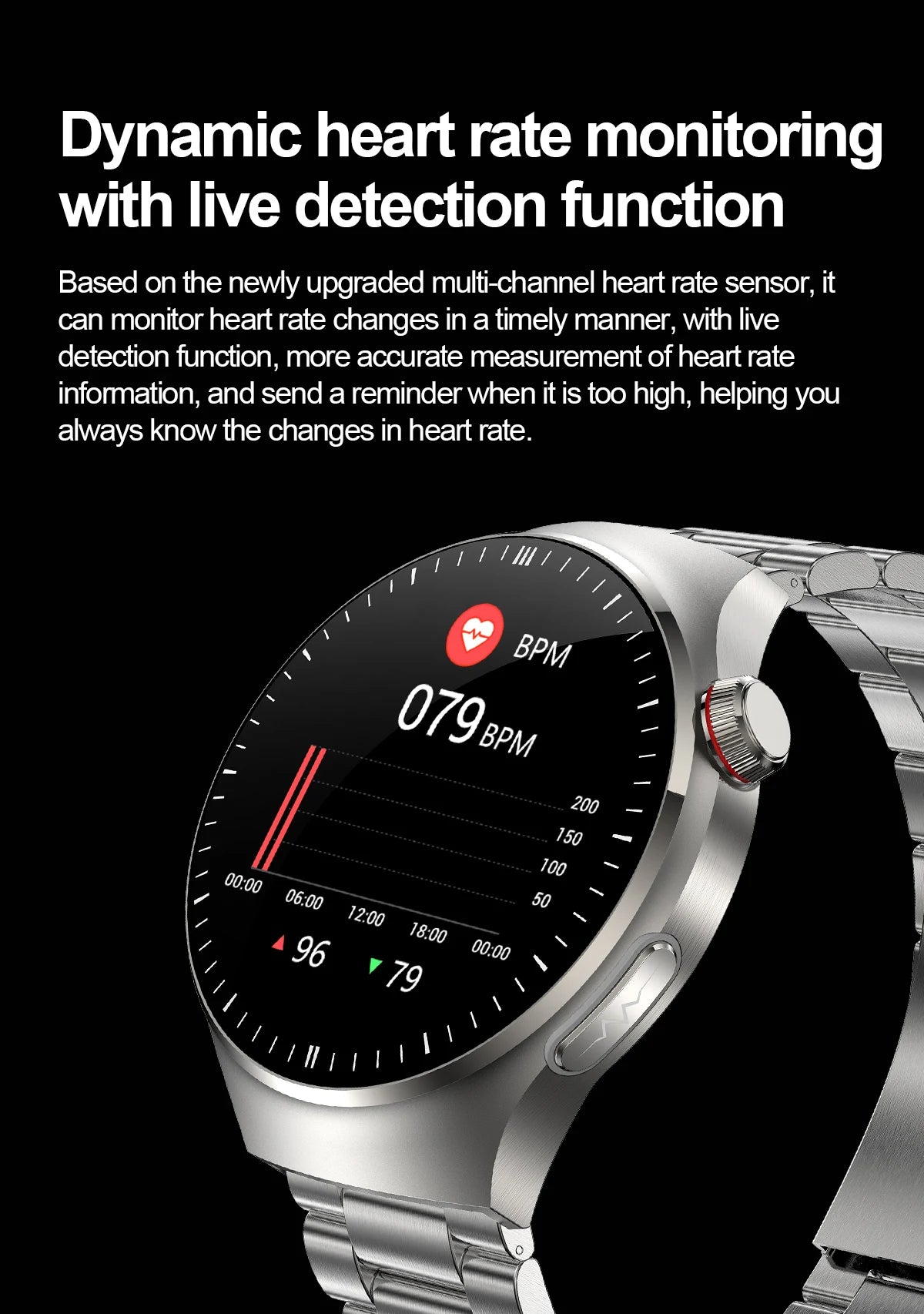 Health smartwatch showcasing dynamic heart rate monitoring with live detection function on a sleek design.