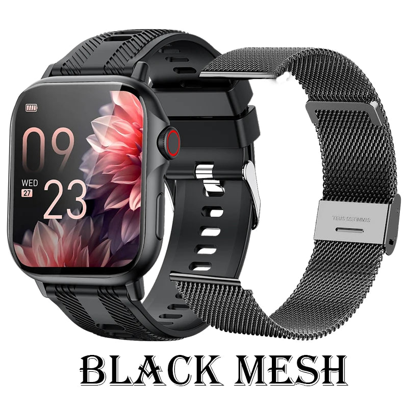 Rugged military smart watch for men with black mesh band and fitness tracking features.